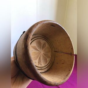 Antique Wood Round Butter Mold With Carved Flower Design, Primitive Farmhouse
